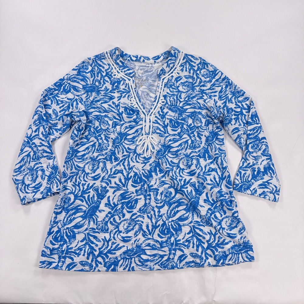 Lilly Pulitzer Kaia Knit Tunic Top Large Blue White Lobster On A Roll Cotton